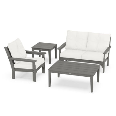 POLYWOOD Vineyard 4-Piece Deep Seating Set w/ Side Table - Slate Grey / Natural Linen